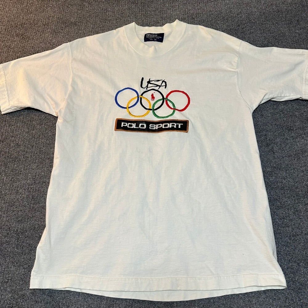 Vintage Polo Sport Ralph Lauren USA Olympic Rings T-Shirt White XL Made in USA